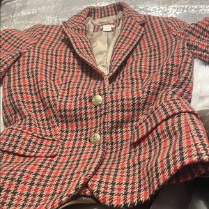 J. Crew Red and Black Houndstooth Blazer with Gold Buttons